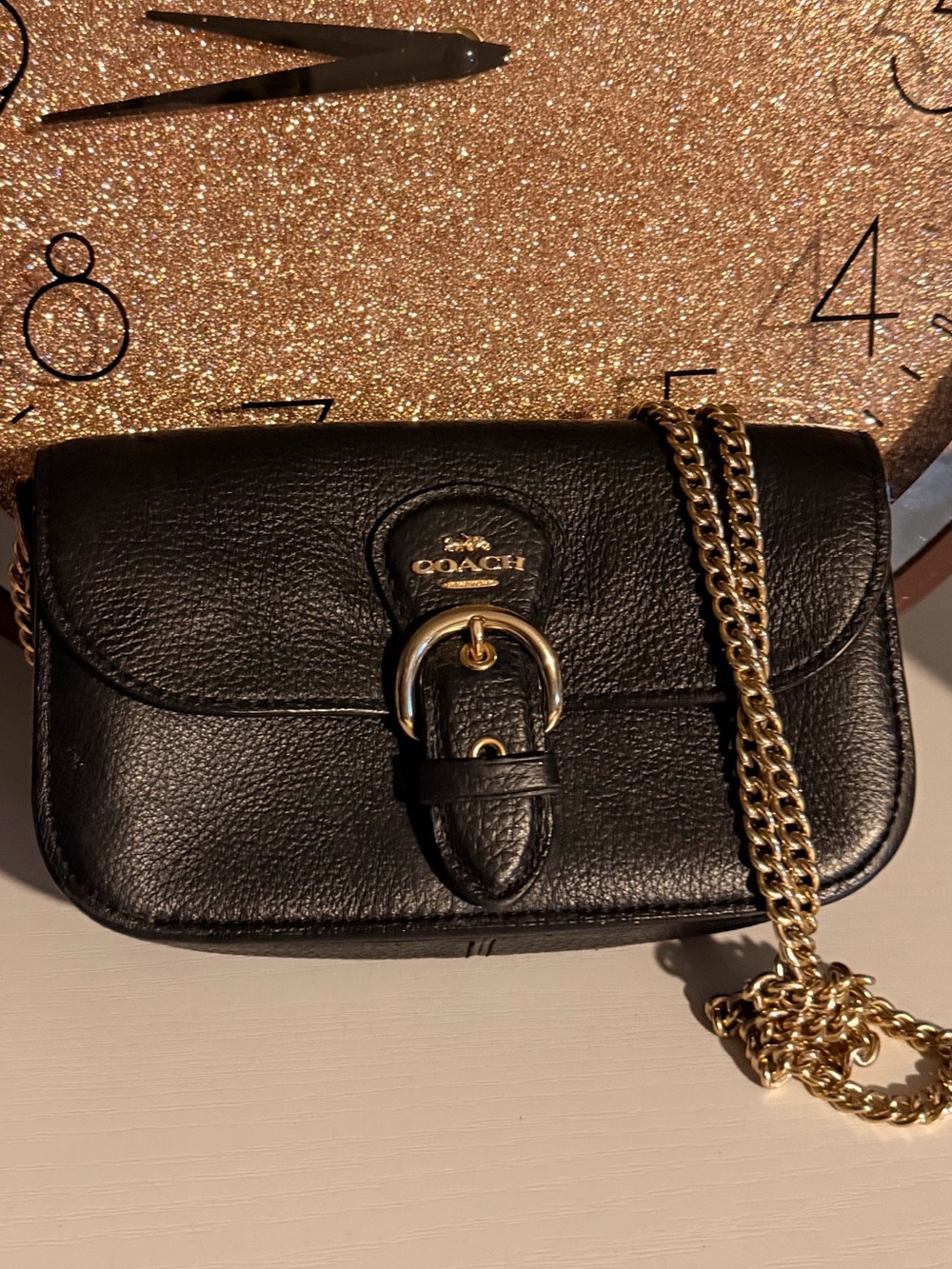Coach Black Pebble Leather mini Crossbody with Gold Chain